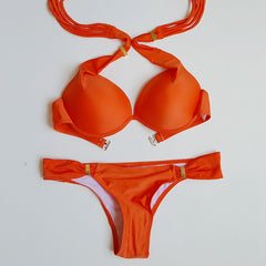 European American Sexy String Swimwear Small Breast Push Up Underwire Triangle Cup Bikini Beach Swimsuit Women Biquini