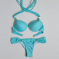 European American Sexy String Swimwear Small Breast Push Up Underwire Triangle Cup Bikini Beach Swimsuit Women Biquini