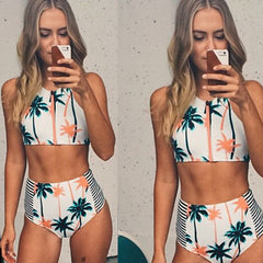 High Neck Swimsuit Female Zipper Bikini Push Up Swimwear High Waist Bikini Set