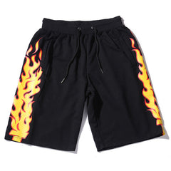 Fire Flames Printed Sweat Shorts Men Summer Cotton Casual Drawstring Mens Shorts Hip Hop Joggers Sweatpants OF001